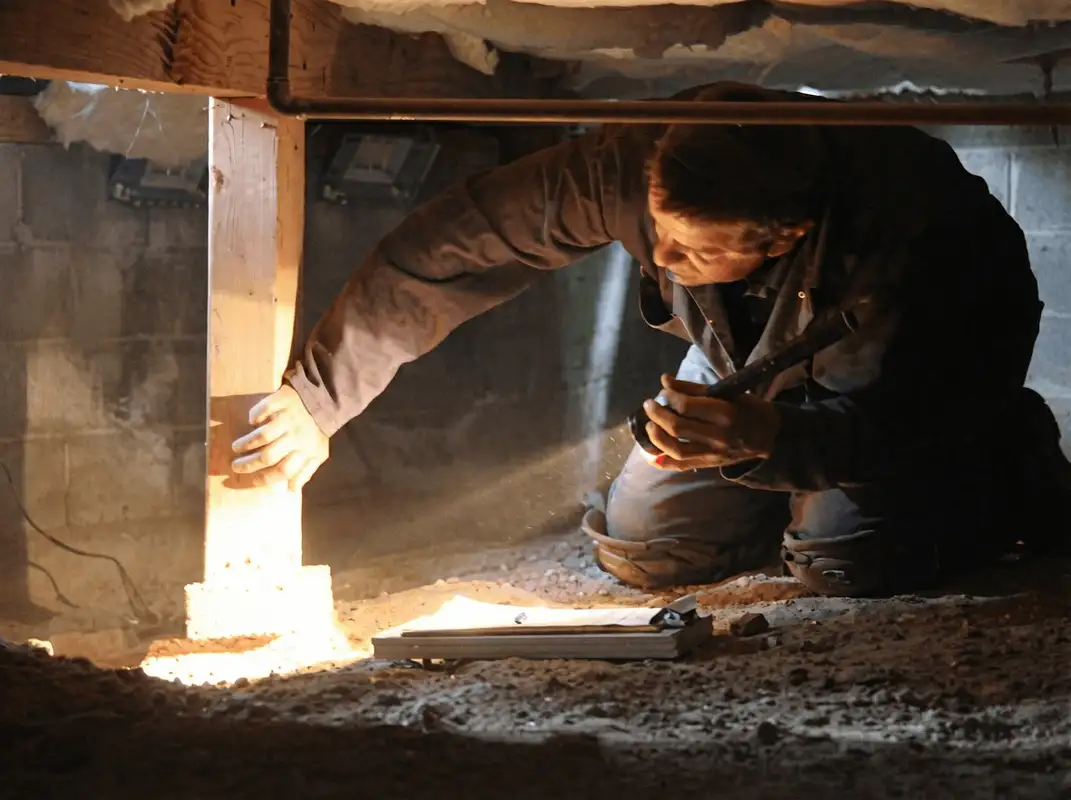 A professional inspecting wooden beams under the floor of a structure in Baton Rouge, LA