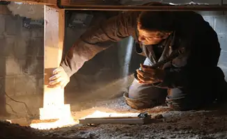 A professional inspecting wooden beams under the floor of a structure in Baton Rouge, LA